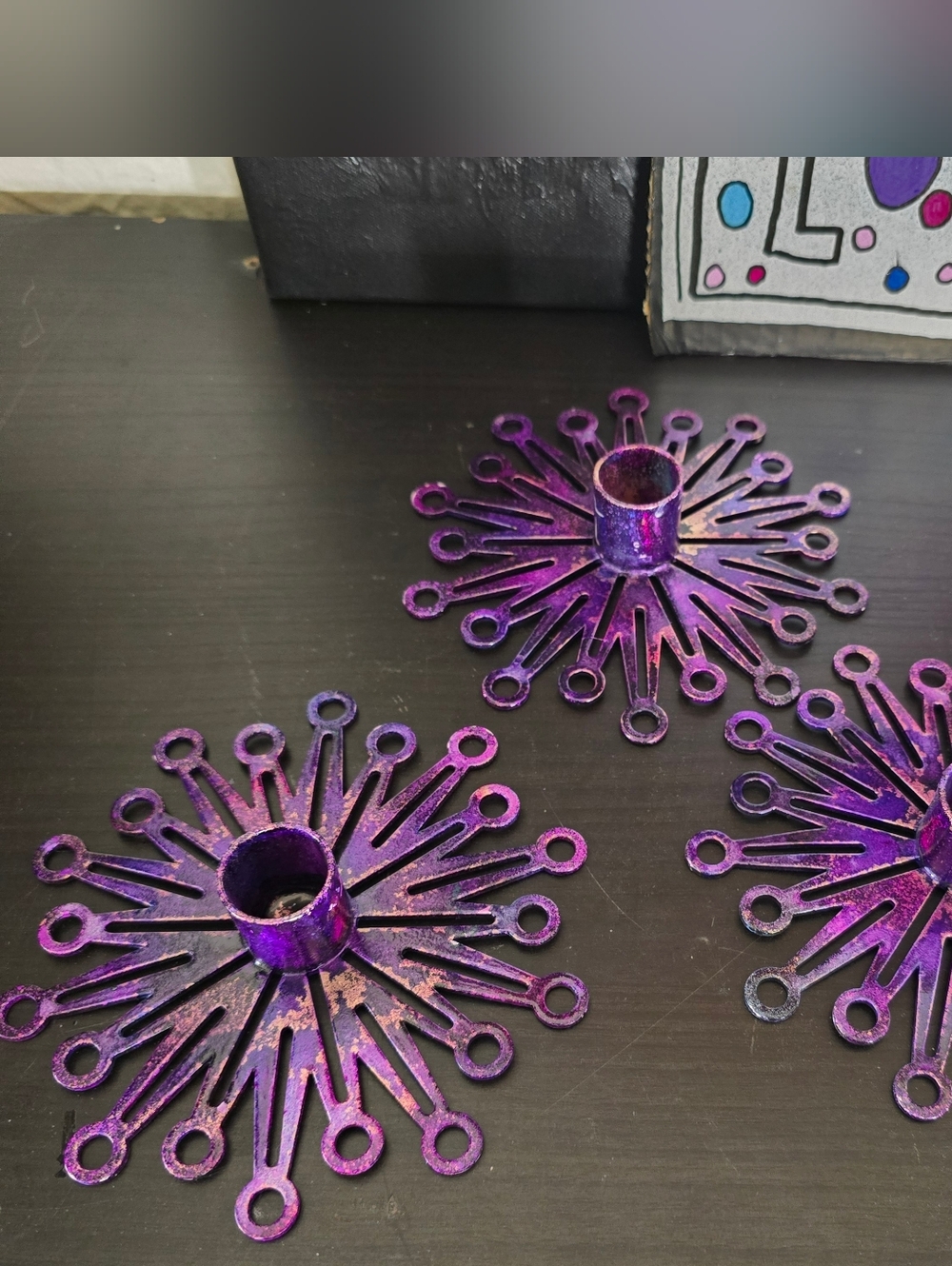 3 Set HANDCRAFTED Upcycled Metal Candlestick Holders HANDPAINTED Tabletop Decor